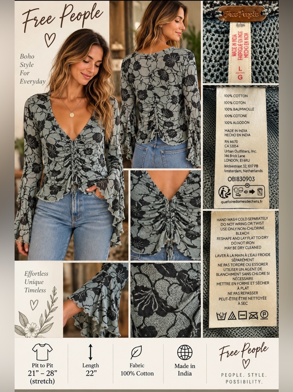 Free People Rouched Floral Top